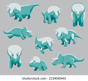 Cartoon Dinosaur Triceratops Cute Various Poses Cartoon Vector Illustration