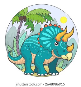 Cartoon dinosaur triceratops on the background of the landscape. Composition in a circle. For children's design of prints, posters, postcards, stickers, puzzles, etc. Vector illustration