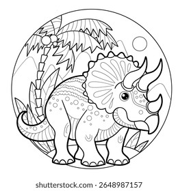 Tricerátops de dinossauro desenhos animados no fundo da paisagem. Desenho linear em preto e branco. Composição em círculo. Para impressões de design infantil, cartazes, cartões postais, adesivos, etc. Ilusão vetorial
