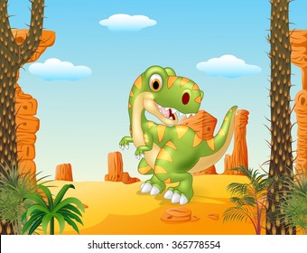 Cartoon dinosaur tyrannosaurus looks sideways with desert background