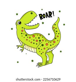 Cartoon dinosaur tyrannosaurus roars. Roar text! Children's vector illustration for design of prints, posters, cards, stickers, puzzles, games and so on.