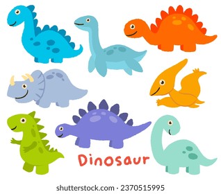 Cartoon dinosaur vector illustration. Set of dinosaurs drawing in crayon hand drawn style. Cute dinosaur in children drawing style. Set of funny cartoon dinosaur