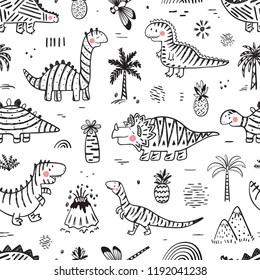 Cartoon Dinosaur Vector Seamless pattern for kids fashion. Childish Background  with Hand drawn doodle Striped Cute Dinosaurs