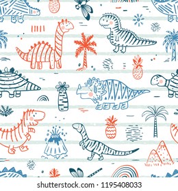 Cartoon Dinosaur Vector Seamless pattern for kids fashion. Childish Background with Hand drawn doodle Striped Cute Dinosaurs