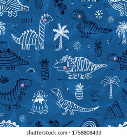 Cartoon Dinosaur Vector Seamless pattern for kids fashion. Childish Blue Background with Hand drawn doodle Striped Cute Dinosaurs