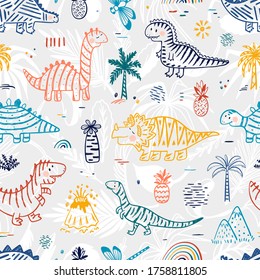 Dibujo Dinosaurio Vector Seamless patrón para moda infantil. Fondo chileno colorido con doodle dibujado a mano Dinosaurios tajados a rayas