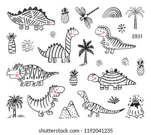 Cartoon Dinosaur Vector Set. Hand drawn doodle Striped Cute Dinosaurs