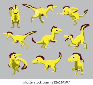 Cartoon Dinosaur Velociraptor Cute Various Poses Cartoon Vector Illustration