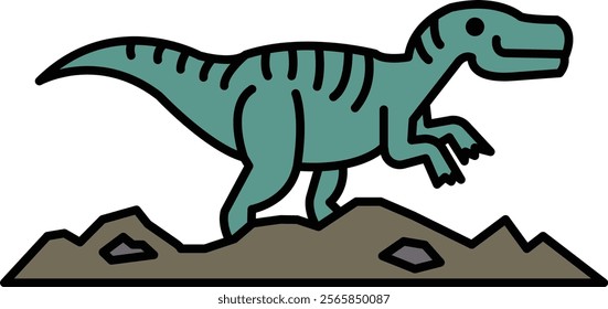 A cartoon dinosaur is walking on a rocky hill. The dinosaur is smiling and he is happy