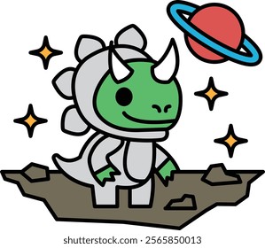 A cartoon dinosaur is wearing a costume and standing on a rocky surface. The dinosaur is smiling and he is happy. The background features a large planet and a star