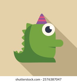 Cartoon dinosaur wearing a festive party hat, celebrating a special occasion with joy and excitement 