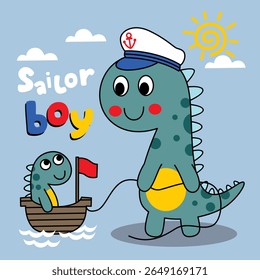 Desenho animado dinossauro usando chapéu de marinheiro puxando pequeno barco com bebê dinossauro sobre o oceano sob céu ensolarado. Conceito de aventura náutica
