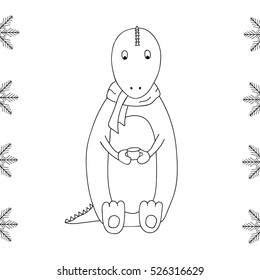 Cartoon dinosaur wearing a scarf holding a cup of hot tea, coffee. Winter card outline. Hand drawing. Children's vector illustration. Drawing for children's coloring.