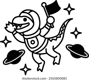 A cartoon dinosaur is wearing a space suit and holding a flag. The image is black and white and has a space theme