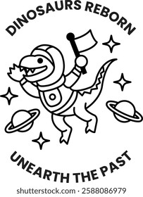 A cartoon dinosaur is wearing a space suit and holding a flag in the style of sign illustrations