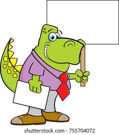 Cartoon dinosaur wearing a tie and holding a sign.