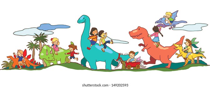 Cartoon dinosaur world of imagination with kids and children riding on Tyrannosaur, Stegosaurus, Triceratops, and Brontosaurus, walking friendly in peace in prehistoric world, create by vector