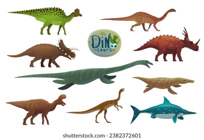 Cartoon dinosaurs, ancient reptiles characters. Prehistoric reptile vector personages. Mussaurus, Elaphrosaurus, Avaceratops and Corythosaurus, Lambeosaurus, Styracosaurus dinosaurs characters