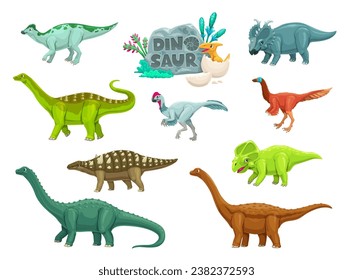 Cartoon dinosaurs ancient reptiles cute characters. Extinct reptiles funny vector personages. Jaxartosaurus, Magyarosaurus, Elmisaurus and Garudimimus, Pachyrhinosaurus, Struthiosaurus dinosaur mascot