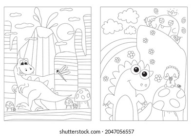 Cartoon dinosaurs. Ancient times. wild animals. Black and white vector illustration for coloring book 