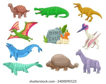 Dinosaurios de dibujos animados personajes cómicos de animales. Extintos animales, reptiles paleontológicos o lindos personajes vectoriales. Carbonemys, Sarcosuchus, Baryonyx y Tapejara, Basilosaurus, Mosasaurus, dinosaurios divertidos