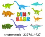 Cartoon dinosaurs animals funny characters. Paleontology extinct reptiles mascots. Ichthyosaurus, Plesiosaurus, Raptor and Plateosaurus, Jaxartosaurus, Triceratops dinosaurs vector comical personages