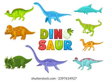 Los dinosaurios de dibujos animados son personajes graciosos. Mascotas de reptiles extinguidos por paleontología. Ichthyosaurus, Plesiosaurus, Raptor y Plateosaurus, Jaxartosaurus, Triceratops dinosaurios vectores personajes cómicos