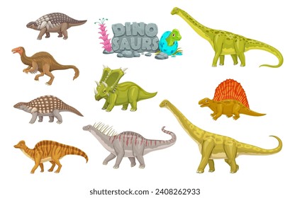 Cartoon dinosaurs animals funny characters. Prehistorical reptiles, extinct animals vector cute mascots. Panoplosaurus, Deinocheirus, Nodosaurus and Amargasaurus, Chasmosaurus, Dimetrodon personages