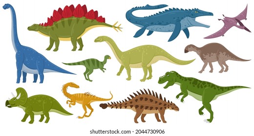 Cartoon dinosaurs, ankylosaurus, brontosaurus, stegosaurus extinct raptors. Pterodactyl and tyrannosaurus jurassic reptiles vector illustration set. Jurassic extinct monsters. Dino reptile spinosaurus