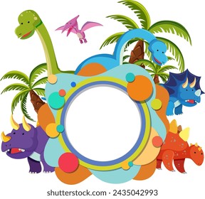Cartoon dinosaurs around a circular frame with palms.