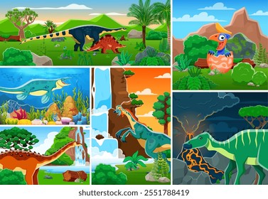 Cartoon dinosaurs characters collage on prehistoric jungle forest and ocean nature landscape vector background. Funny oviraptor, wuerhosaurus, shantungosaurus dinosaurs and baby dino in egg personages