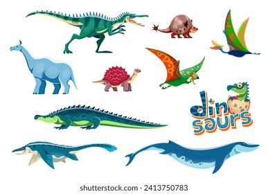 Cartoon dinosaurs childish personages. Baryonyx, Doedicurus, Quetzalcoatlus and Tapejara, Carbonemys, Sarcosushus and Mosasaurus, Basilosaurus prehistoric reptile, dinosaur vector funny characters set