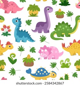 Cartoon dinosaurs children's seamless pattern. Cute triceratops, ankylosaurus, brontosaurus and other dinosaurs kids background for fabric, packaging and other design. White background.