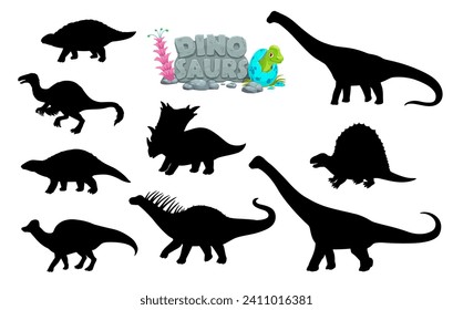 Cartoon dinosaurs comical characters silhouettes. Pelorosaurus, Deinocheirus, Chasmosaurus Jurassic era reptiles, Nodosaurus and Hypacrosaurus, Dimetrodon dinosaurs vector personage silhouettes