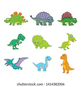 Cartoon Dinosaurs Cute Babies set on White Background. Vector