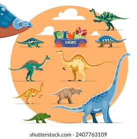 Dinosaurios de dibujos animados personajes lindos. Hypacrosaurus, Nodosaurus, Panoplosaurus y Lambeosaurus, Corythosaurus, Deinocheirus, Centrosaurus y Avaceratops, dinosaurios Titanosauria personajes divertidos vectoriales