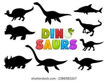 Cartoon dinosaurs cute characters silhouettes. Extinct animal, prehistoric lizard comical vector personage. Plesiosaurus, Centrosaurus, Elasmosaurus and Plateosaurus, Jaxartosaurus, Raptor cute mascot