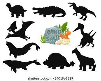 Cartoon dinosaurs cute characters silhouettes. Prehistoric reptile, extinct animal funny vector personages. Basilosaurus, Quetzalcoatlus, Indricotherium and Sarcosuchus, Baryonyx, Mosasaurus dinosaurs