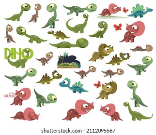 Cartoon dinosaurs. Cute dino toys. Children characters baby. Big set. Isolated on white background. Vector