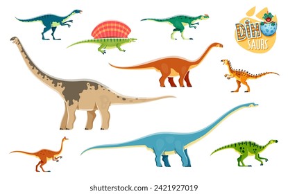 Dinosaurios de dibujos animados, personajes lindos de los reptiles. Animales extintos, lagarto vector paleontológico. Dryosaurus, Edaphosaurus, Cetiosaurus y Scutellosaurus, Paralititan, personajes de los dinosaurios Mamenchisaurus