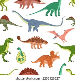 Cartoon dinosaurs and dino egg seamless pattern. Cute prehistoric animal characters vector background. Happy triceratops, stegosaurus, tyrannosaurus or t-rex, pterodactyl and ankylosaurus backdrop