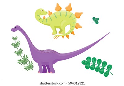Cartoon dinosaurs diplodocus vector illustration isolated monster animal dino prehistoric character reptile predator jurassic fantasy dragon leaf