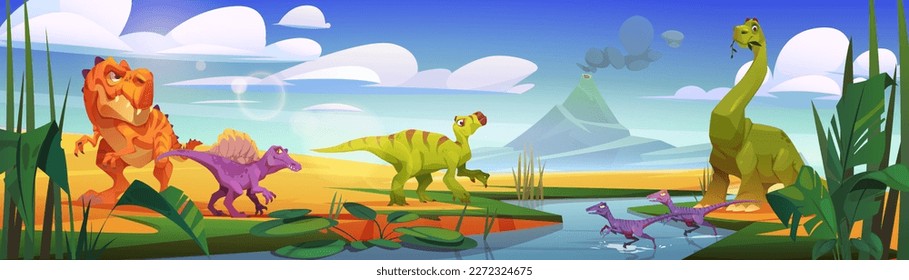 Cartoon-Dinosaurier trinken am sonnigen Tag Wasser aus dem Fluss. Vektorgrafik-Illustration von Tieren aus der Jurassik-Ära auf tropischer Landschaft mit Vulkanausbruch. Prähistorischer Hintergrund für Abenteuer