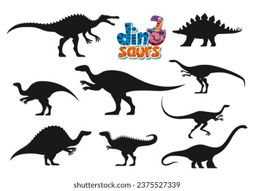 Cartoon dinosaurs funny characters silhouettes. Suchomimus, Dravidosaurus, Probactrosaurus and Hypacrosaurus, Elaphrosaurus, Ouranosaurus and Alectrosaurus dinosaur personages vector silhouettes