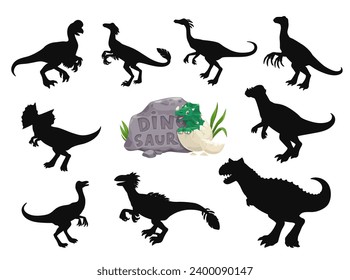 Cartoon dinosaurs funny characters silhouettes. Extinct reptile, Jurassic dinosaur vector mascot. Carnotaurus, Oviraptor, Pachycephalosaurus and Dilophosaurus, Compsognathus, Gallimimus cute personage