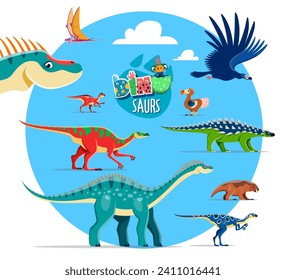 Cartoon dinosaurs funny characters sticker. Prehistoric lizard, Jurassic era vector reptile. Pelecanimimus, Dryosaurus, Scutellosaurus and Edaphosaurus, Maiasaura, Paralititan dinosaur personages