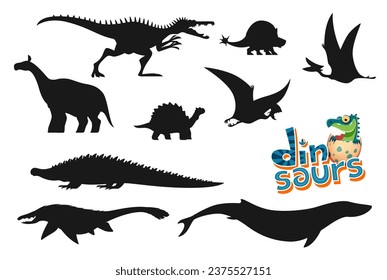 Cartoon dinosaurs funny personages silhouettes. Baryonyx, Doedicurus, Quetzalcoatlus and Indricotherium, Carbonemys, Tapejara and Sarcosushus, Mosasaurus aquatic and flying dinosaurs silhouettes set