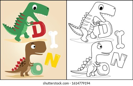 Cartoon of dinosaurs holding letters, coloring book or page