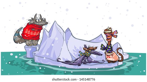 Cartoon dinosaurs in iceberg. All in separate layers.