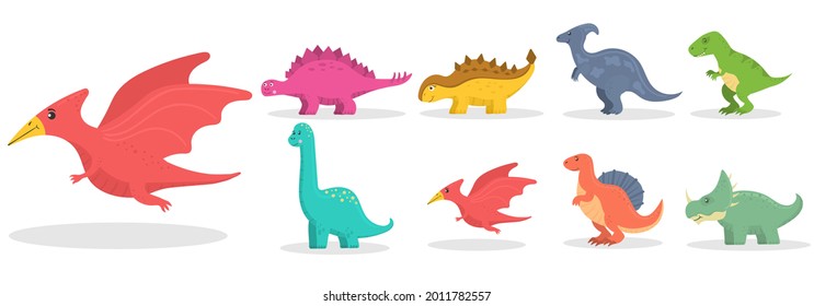 Cartoon dinosaurs icon collection isolated on white background. Cute dinosaur, funny ancient brontosaurus and green triceratops. Flat vector illustration in childish style.